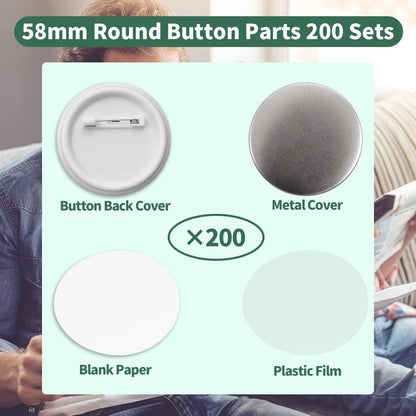 Mostme 200 Sets 58mm/2.25 inch Button Supplies Button Parts for Buttons Maker Machine 58mm, Round Badge Blank Buttons Pins, Includes Plastic Pin Back Cover, Metal Cover, Clear Film&Blank Paper
