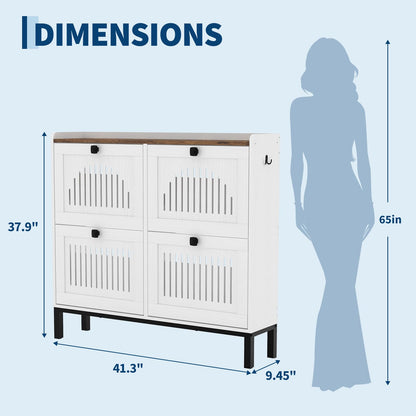 4-Door Flip Front Shoe Cabinet with Adjustable Shelves – Hidden Entryway Storage Organizer for Hallway, Foyer, Living Room – Freestanding Wooden Shoe Rack with Large Capacity & Modern Design, White