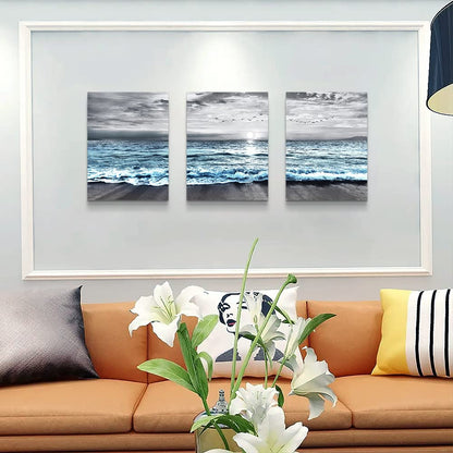 DZRWUBHS Wall Decorations For 3 Piece Framed Canvas Art Bedroom Office Decor Black &White Painting Blue Ocean Sea Wave Pictures Artwork Modern Beach Posters Home Decor,Blue Ocean Landscape Paintings