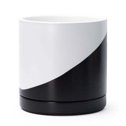 D'vine Dev 10 Inch Ceramic Planter Pot with Drainage Hole and Saucer, Indoor Cylinder Round Planter Pot, Oblique Monochrome Black and White, 94-O-E-K