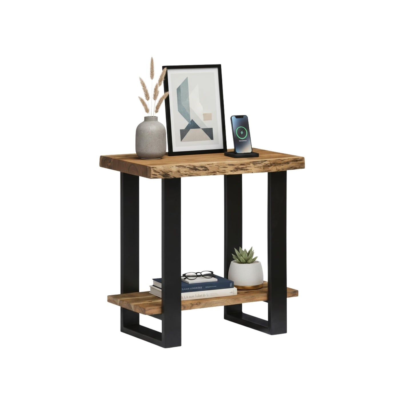Alaterre Furniture Alpine Live Edge Modern End Table - 2-Tier Narrow Side Table with Open Storage Shelf - Solid Wood and Metal Modern Nightstands for Living Room or Bedroom (Natural)