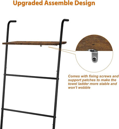 Vrisa Blanket Ladder Wall Leaning Blanket Rack Farmhouse 5-Tier Metal Blanket Holder with Shelf Bath Towel Storage for Bathroom Quilt Bedroom Living Room Pool Black