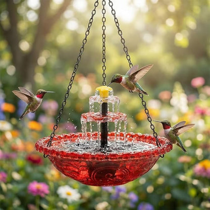 Solar Cascade Hanging Bird Bath Fountain,Solar Powered Cascade Hanging Bird Bath Fountain with Solars Pump,for Outdoor and Gardens (Red)
