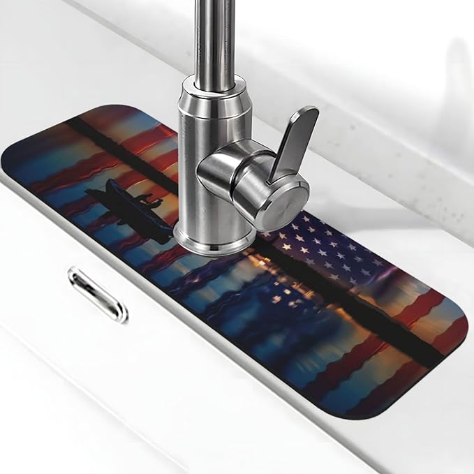 Fishing Red USA Flag Kitchen sink faucet pad, strong water absorption, anti slip