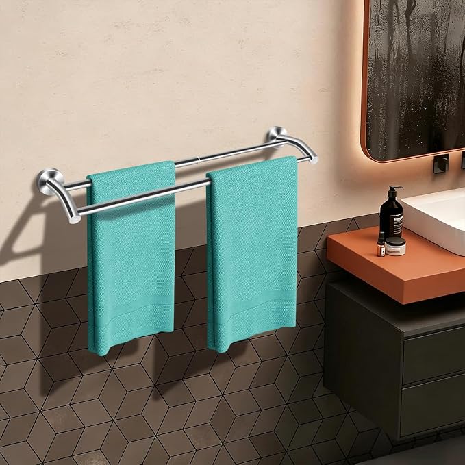 MGahyi Adjustable Double Towel Bar 14.5-24.8Inch, Matte Telescopic Stainless Steel Wall Mount Towel Holder, Rustproof Towel Rack for Bathroom Kitchen RV Laundry Hotel (Silver, Double-Bar)