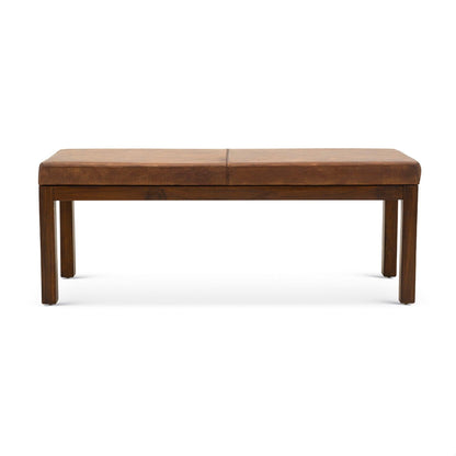 GDFStudio Mid-Century Modern Entry Bench, Tan Genuine Leather Rectangle Ottoman with Solid Wood Legs, Upholstered Dining Room Bench for Bedroom Living Room Hallway Indoor Home Furniture, Brown