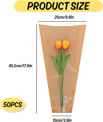50Pcs Flower Wrapping Bags Kraft Paper with Ribbon Floral Packing Sleeves Bouquet Bags Clear Flower Wrapping Sleeves for Wedding Birthday Graduation Anniversary Mothers Day Gift, 9.8x3.9x17.9 Inch