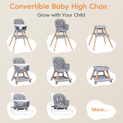 Babyliebe Baby High Chair, 8 in 1 Convertible Wooden High Chair for Babies and Toddlers, Converts to Booster Seat, Toddler Chair & Stool, with Removable Double Tray, Adjustable Legs & Footrest (Gray)