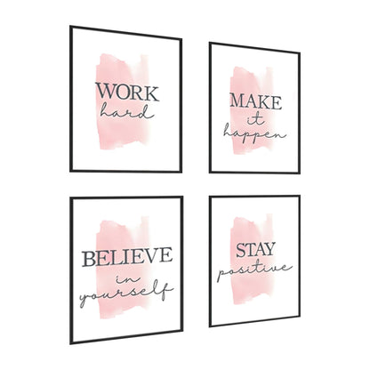 4 pcs Frame Wall Art Stay Positive Make It Happen Motivational Inspirational Quote Pink Canvas Painting Poster Pictures for Teenage Girl Bedroom Decor Office