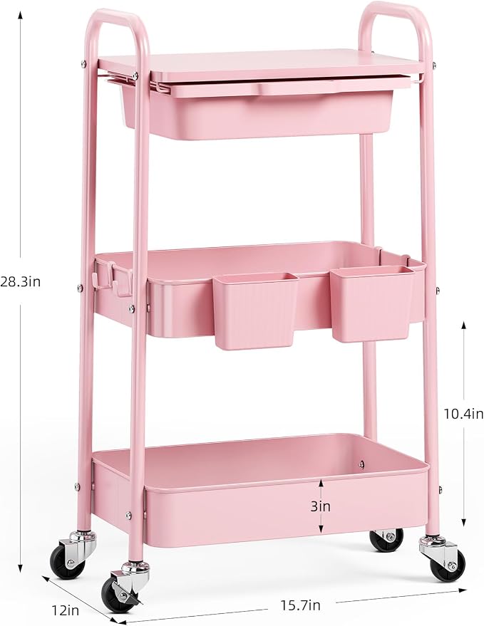 3 Tier Metal Rolling Utility Cart with Drawer & Lockable Wheels - Heavy Duty Multifunctional Storage Organizer with 2 Cups and 4 Hooks for Bathroom, Kitchen, Snack, Craft, Makeup, Baby Essentials