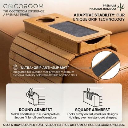 COCOROOM Sofa Armrest Tray with Drawer & Cup Holder — Wooden Couch Arm Tray with Anti-Slip Surface | Fits Most Sofa & Couch Arms (Natural)