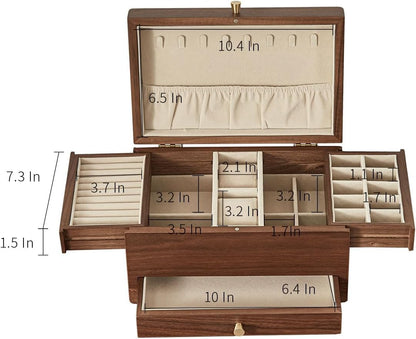 Homruilink Wooden Jewelry Box for Women, 3 Level Multi-functional Drawers Black Walnut Jewelry Organizer Box, Watch, Necklace, Ring, Earring Storage - Fathers Day Gift (No Mirror)