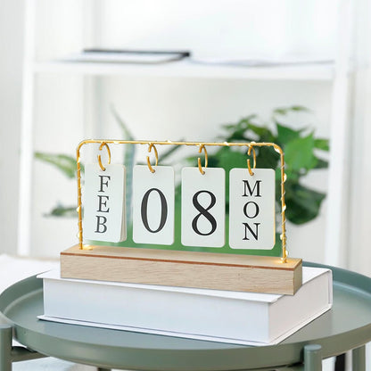 AUSTUFF Flip Wooden Perpetual Calendar Metal Desk Calendar 2025 Daily Desktop Calendar Monthly Weekly Year Planner Standing Office Home Desk Decor