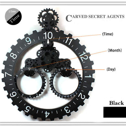 SHISEDECO Hour and Days Display Design Premium Plastic 3D Moving Large Gear Wheel Wall Clock, Perfect for Living Room, Reading-Room, Restaurant, Office Decor (B-Black)