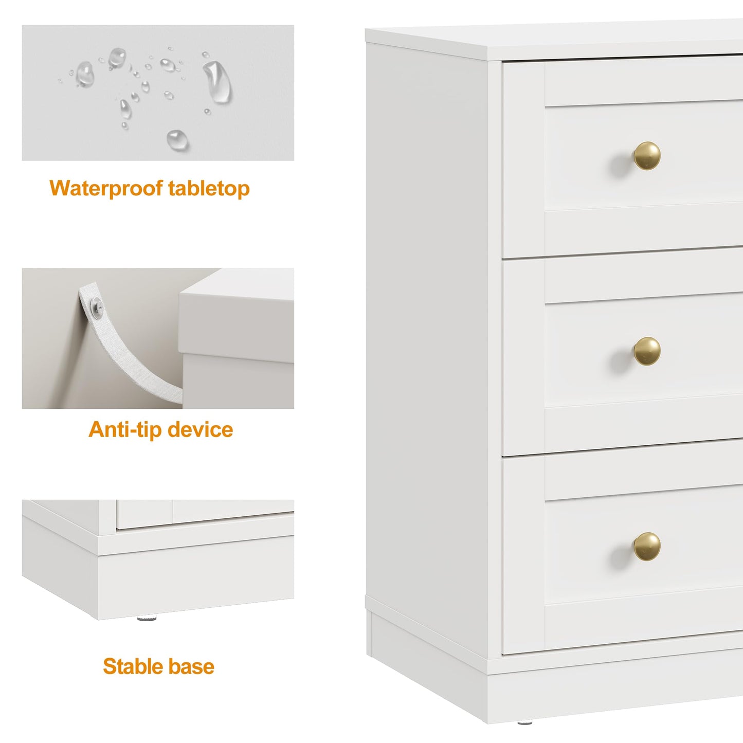 RoyalCraft White 3 Drawer Dresser, Small Dresser for Bedroom, Wood Nightstand with Drawers, Modern Chest of Drawers for Closet, Living Room, Entryway