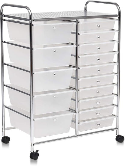 Giantex 15 Drawer Rolling Storage Cart Tools Scrapbook Paper Office School Organizer, Clear