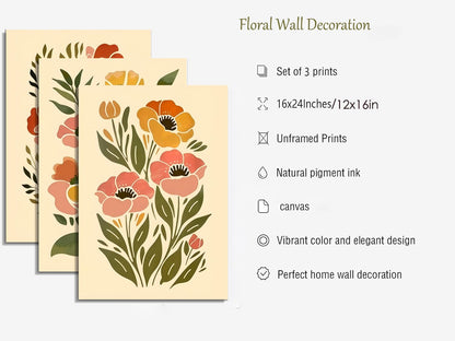 SFXYRTAH 3Pcs Boho Floral Wall Art Abstract Botanical Flower Posters Neutral Beige Green Minimalist Plant Prints for Living Room Bedroom Office Home Decor Unframed (12x16in posters)