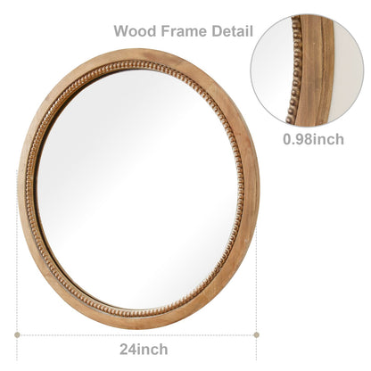 sawsile Round Wood Mirror,24 inch Circle Rustic Farmhouse Natural Wooden Frame Boho Beads Wall Mirror for Bathroom,Living Room,Bedroom or Entryway
