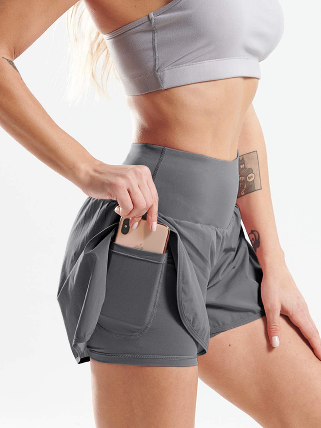 CADMUS 2 in 1 Women's Workout Shorts Athletic Gym Running Shorts for Women Phone Pockets,Black & Gray & White, Medium