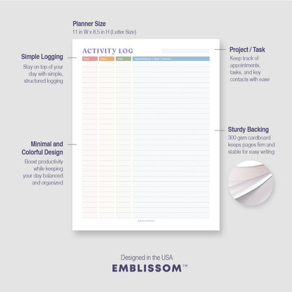 Activity Log Notepad 8.5 x 11 Tear-Off Pad – 70 Undated Sheets Office Project Productivity Planner Contact Action Appointment Task Time Hourly Tracker (White, Colorful, 1 Pack)