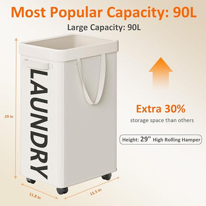 Laundry Basket with Wheels, 90L Rolling Laundry Hamper with Wheels, Large