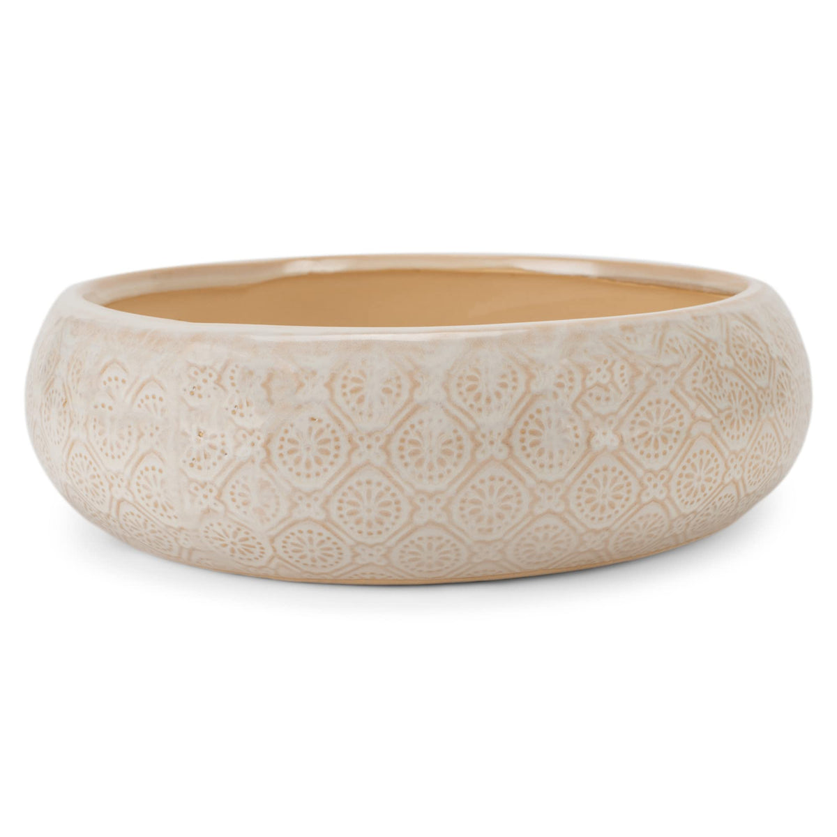 Napco Diamond and Circular Embossed Antique White 8.75 Inch Ceramic Flower Pot Planter