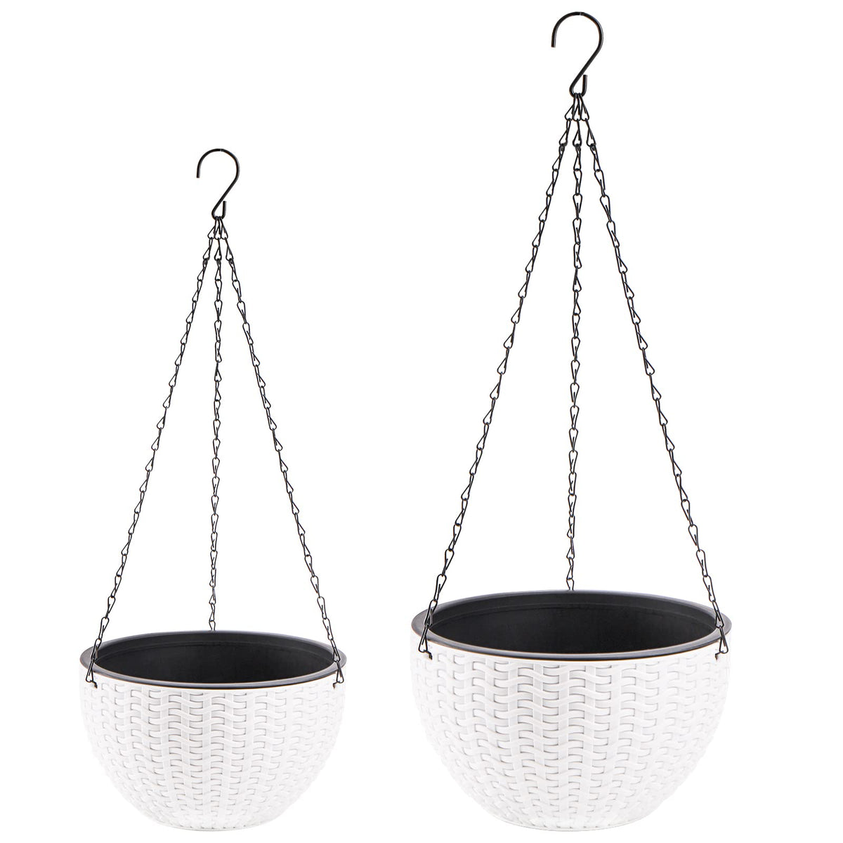 Foraineam 2-Pack Dual-pots Design Hanging Basket Planters Self-Watering Indoor Outdoor Plant & Flower Hanging Pots with Drainer and Chain, 2 Size Assorted (White)