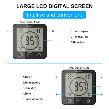 Digital Bathroom Shower LCD Wall Clock with Suction, Waterproof Temperature Humidity Gauge, Touch Screen Timer, Large Countdown Timer (Black)