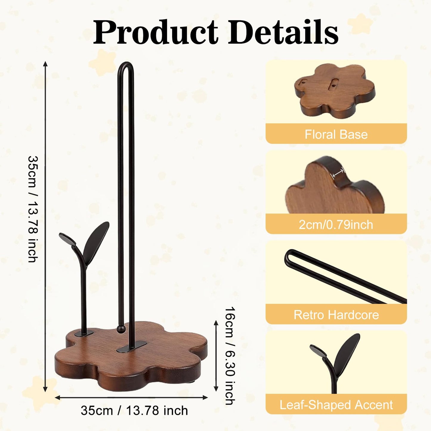 Wooden Paper Towel Holder Countertop,Kitchen Paper Towel Holder with Floral Base & Leaf-Shaped Accent with -Stable & Durable, Anti-Slip, Paper Towel Roll Holder for Farmhouse/Kitchen/Dining Décor