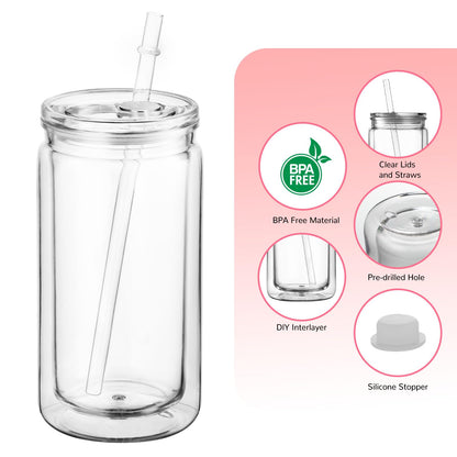 Cuguords 20 Pack Bulk 16oz Snow Globe Tumblers with Lids, Straws & Plugs, Double Wall Acrylic Plastic Cups, Pre-Drilled Hole DIY Snowglobe Tumbler Supplies, Clear Vaso Para Decorar con Glitter