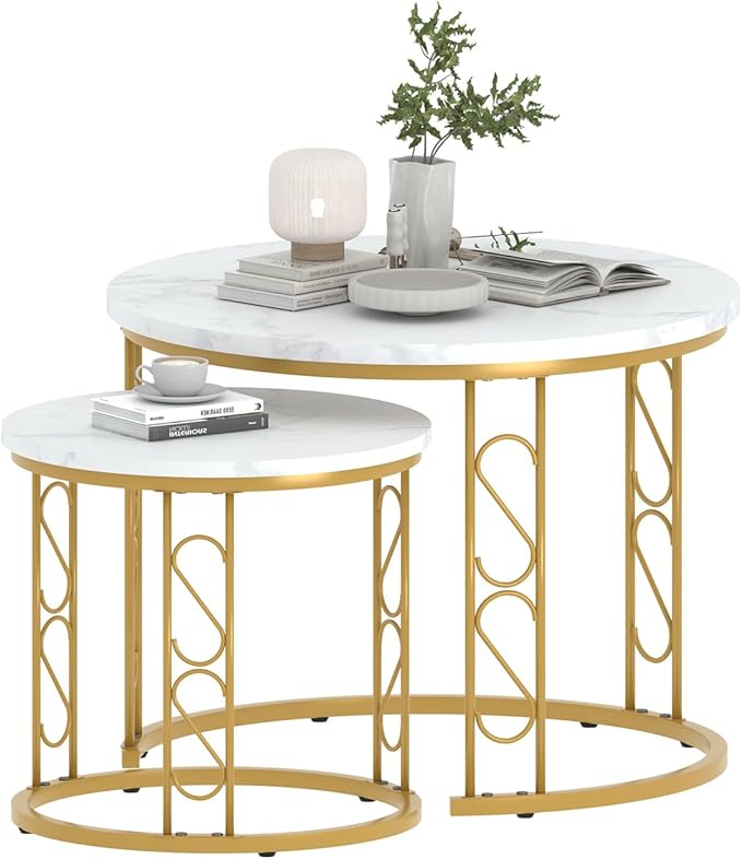 Garden 4 you Coffee Table Faux Marble Nesting Table for Small Place 2 Sets Modern Furniture Living Room Sets End Side Table Night Stand for Bed Room Dining Room (White & Gold)