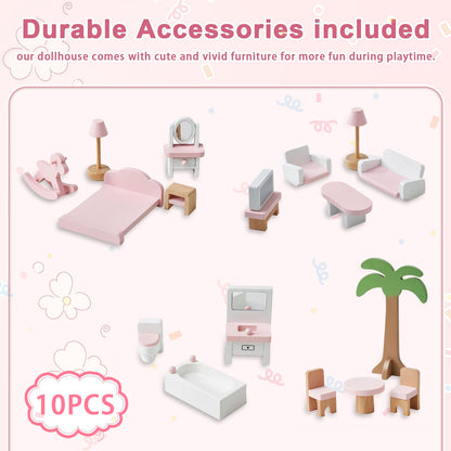 OCINONE Kids Dollhouse - Pink Wooden Doll House with 10-Piece Mini Furniture Set, 3-Story & 5 Open Rooms, Easy to Assemble Pretend Play House, Gift for Girls Boys Ages 3 4 5 6 Years Old