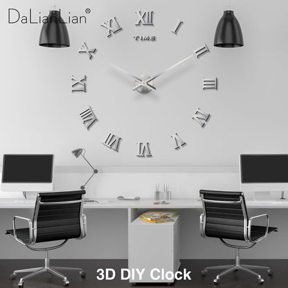 DaLianLian DIY Wall Clock Large Frameless 3D Clock Mirror Effect Classical Roman Numerals Wall Sticker Metal Hands Silent Quartz Movement Decor for Living Room, Bedroom, Office (Silver)