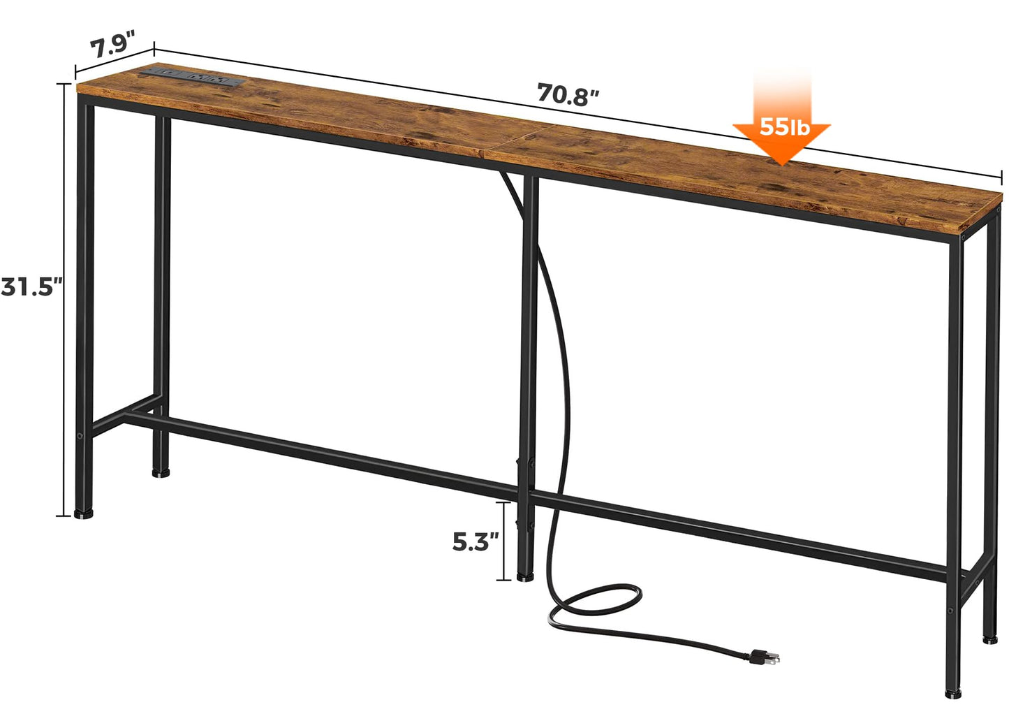 SUPERJARE 70 Inch Console Table with Outlet, Sofa Table with Charging Station, Narrow Entryway Table, Skinny Hallway Table, for Living Room, Rustic Brown