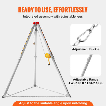 VEVOR Confined Space Tripod Kit w/1200 lbs Winch, Confined Space Tripod 7' Legs and 98' Cable, Confined Space Rescue Tripod 33 Fall Protection, Harness, Storage Bag for Traditional Confined Spaces