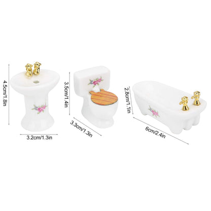 RIZGHWOY 1/24 Dollhouse Miniature Bathroom Set, Ceramic Bathtub Toilet Sink Kit with Exquisite Design, for Doll House Bathroom Scene (Rose)