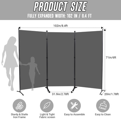 3 Panel Folding Room Divider, 102" Wx71.3 H Portable Privacy Screen, Grey