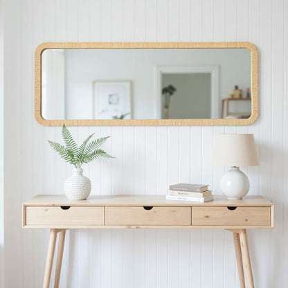 Gumcoly Rattan Mirror 18"x48" Rectangle Long Full Length Mirror Farmhouse Wicker Wooden Framed Full Body Floor Mirror Lean Against Wall for Bathroom Entryway Living Room Bedroom Fireplace Nature