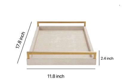 WV Ivory Shagreen Leather Serving Tray with Gold Handles-17.7x11.8 Inch Large Wooden Decorative Ottoman Tray fro Coffee Table, Kitchen, Dining, and Home Decor (Ivory)