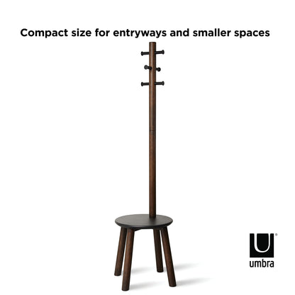 Umbra Pillar Coat Rack, Stool, Clothing Organizer, Umbrella Holder and Hat Organizer, Great for Entryway, Black/Walnut
