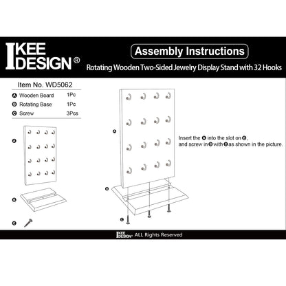 Ikee Design Wooden Rotating Two-Sided Jewelry Display Stand, Rotating Organizer with 32 Hooks for Store, Earring Keychain Display with Hooks, Brown color, 9 W x 7.5 D x 16.5 H in