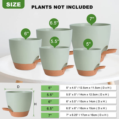 Vanslogreen Plant Pots Indoor 7/6.5/6/5.5/5 Inch Self Watering Planters for Indoor Plants with Drainage Hole, Plastic Flower Pots for Succulents, African Violet (Green)