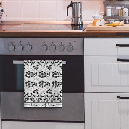 Black Kitchen Towels Decorative Set of 2, Absorbent Boho Floral Dish Towels