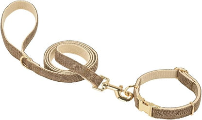 Luxury Soft Cotton Tweed Fabric Dog Collar & Leash Set with Gold Buckle – Durable Fabric, Stylish Design for Everyday Walks(Large Coffee)