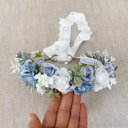 PoshMyra Dusty Blue Flower Crown for Girls Birthday Party Floral Headband Photo Prop