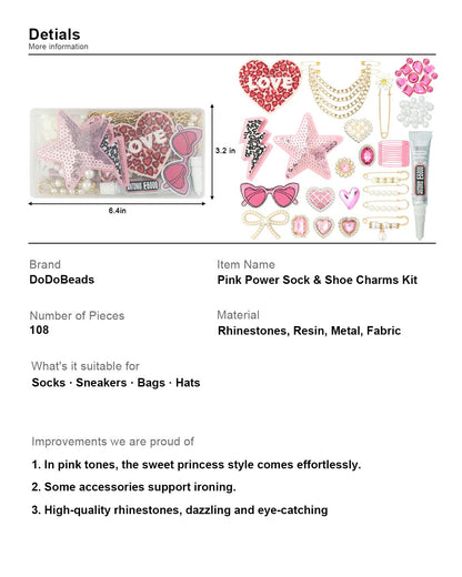 DoDoBeads 108 Pcs Junk Socks Charms Kit, Pink Shoe Charms for Sneakers, Pearl and Rhinestone Sock Charm with Safety Pins, DIY Accessories for Decorating and Personalizing Socks/Shoes/Hats/Bags