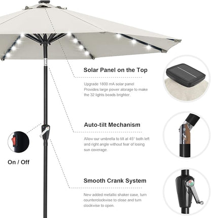 ABCCANOPY Durable Solar Led Patio Umbrellas with 32LED Lights 9FT (Light Beige)