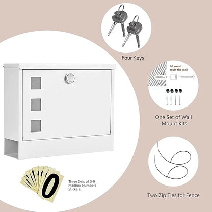 LAND·VOI Locking Mailbox Wall Mounted, Metal Postbox with Three Sets of Mail Box Number Stickers, 4 Keys, 14.4" x 4.5" x 11.2", Large Capacity, Textured White, AMB11W