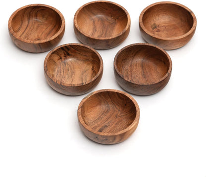WEBHUSHI Acacia Wood Bowls: Handcrafted, Rustic, 6 Bowls of 3.75-inch, 0.25 liters Capacity Each