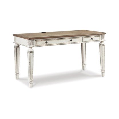 Signature Design by Ashley Realyn Farmhouse Home Office Desk, 2 Drawers, Drop-down Drawer, USB Charging, Wood, 60" W x 28" D x 31" H, Chipped White and Brown